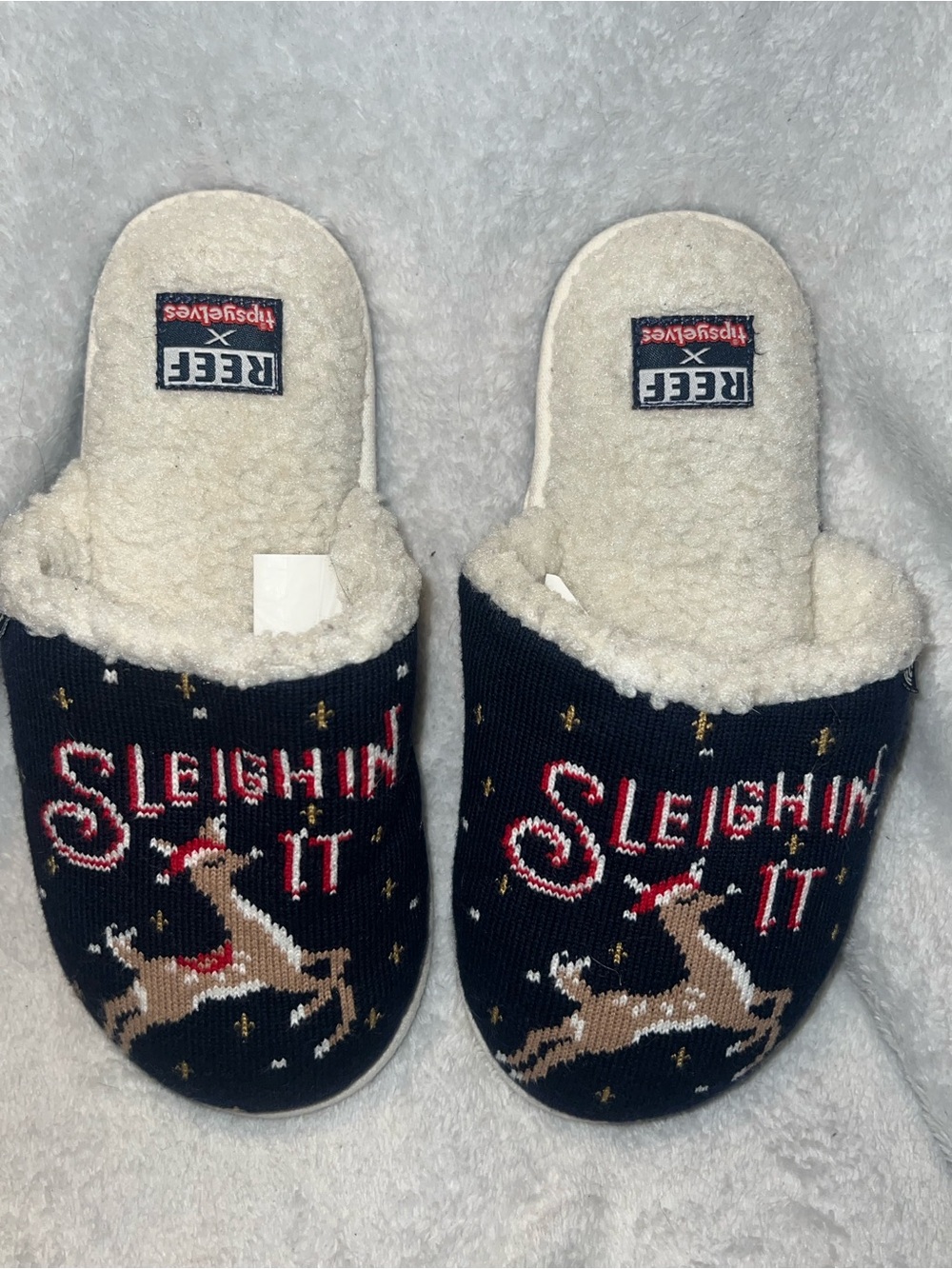 Reef X tipseyelves blue sleigh in it slippers woman size 5
